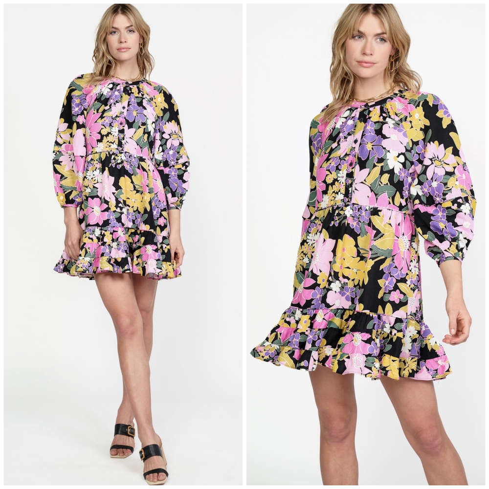 CURRENT AIR Pink and Purple Mini Dress with Bishop Sleeves